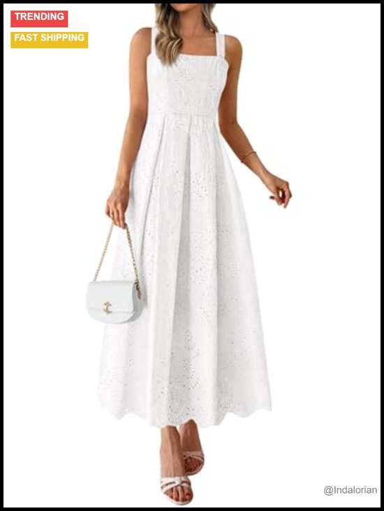 Dresses & Skirts - Sleeveless Eyelet Maxi Dress Adjustable Spaghetti Strap A-Line Sundress with